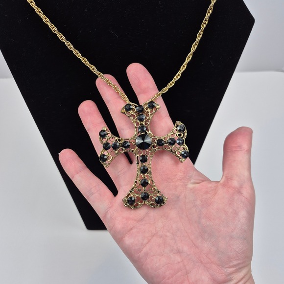 Gothic Goldtone Filigree Cross Pendant Brooch Black CZ‎ Medieval Renaissance 3" - Picture 5 of 11